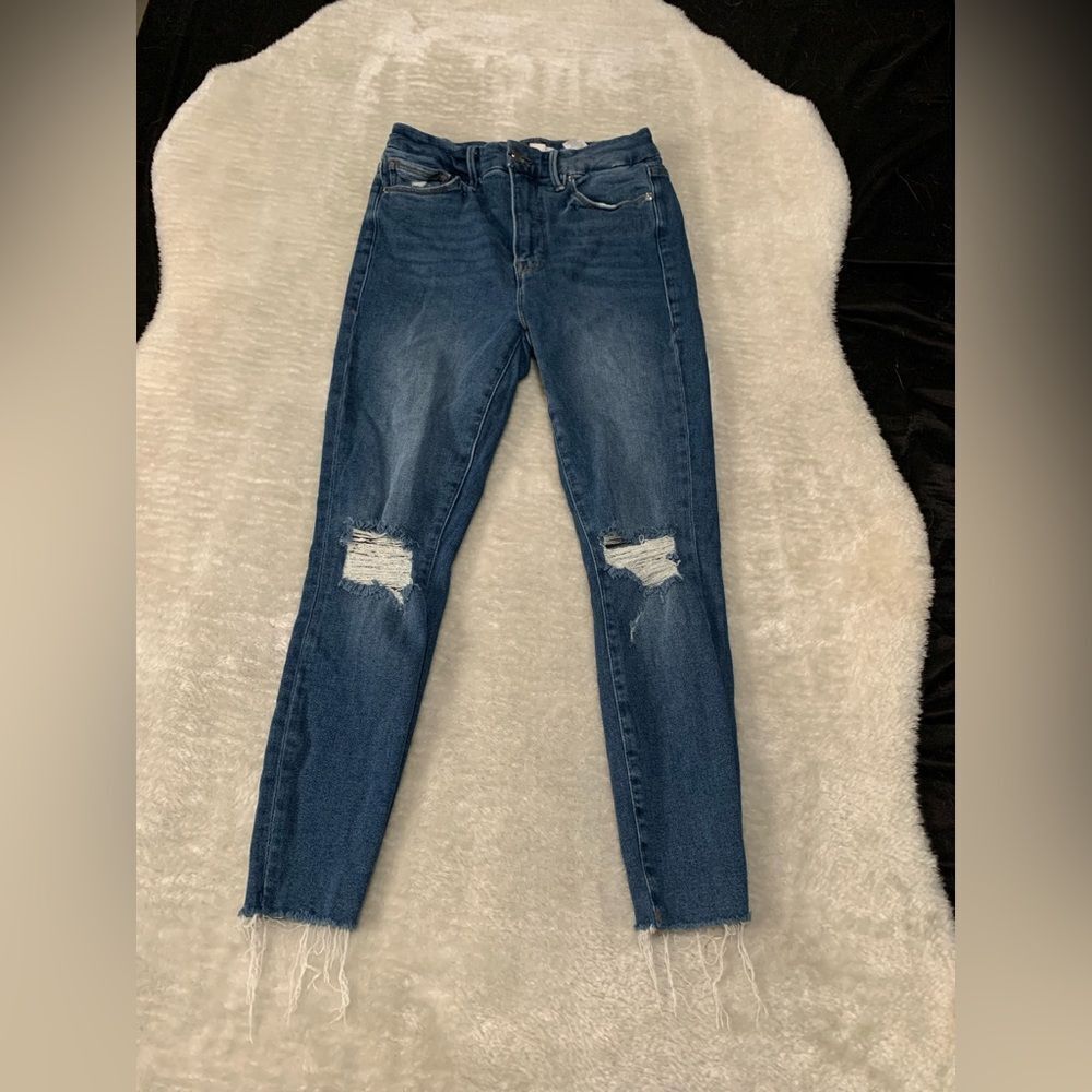 Good American Womens‎ Ripped Blue Crop Denim Jeans Size 6/26 Pants Stretch Read
